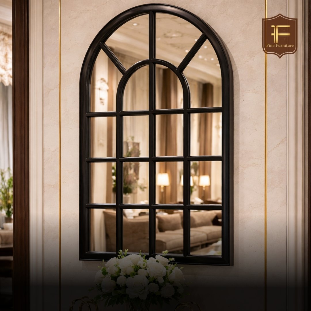 Wooden Arched Windowpane Mirror.